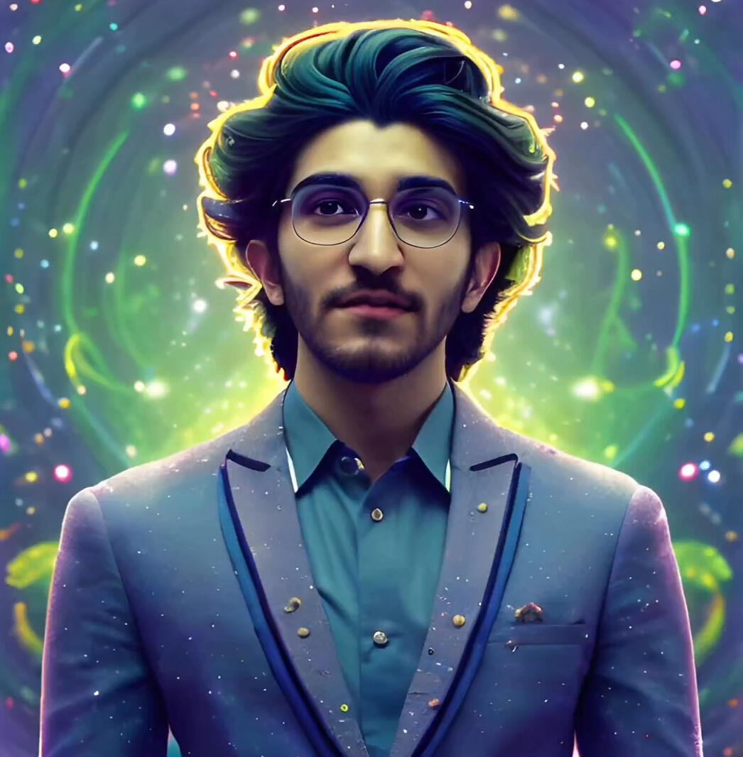 A stylized digital avatar in a suit surrounded by luminous color