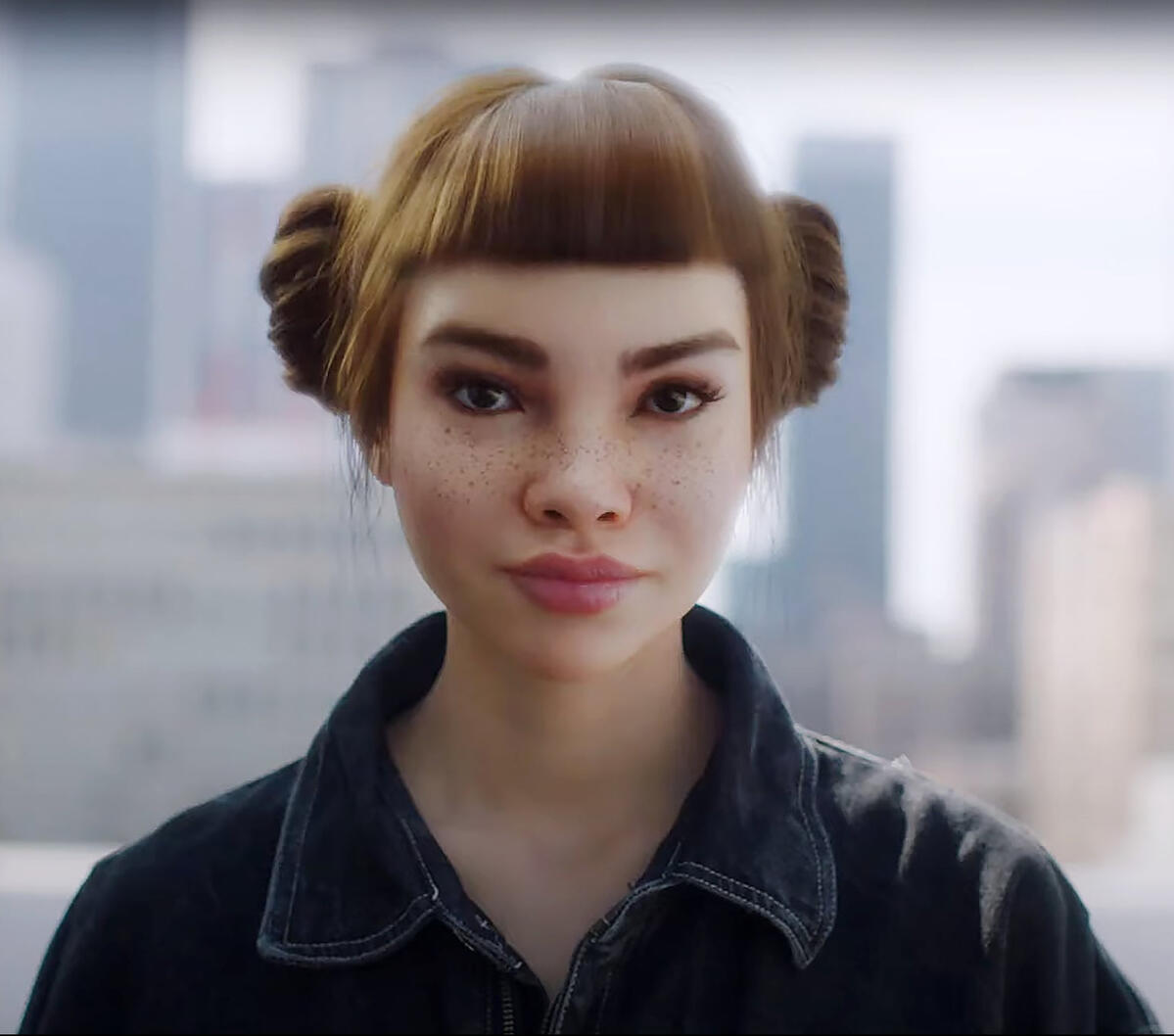 A photorealistic virtual woman in a dark jacket